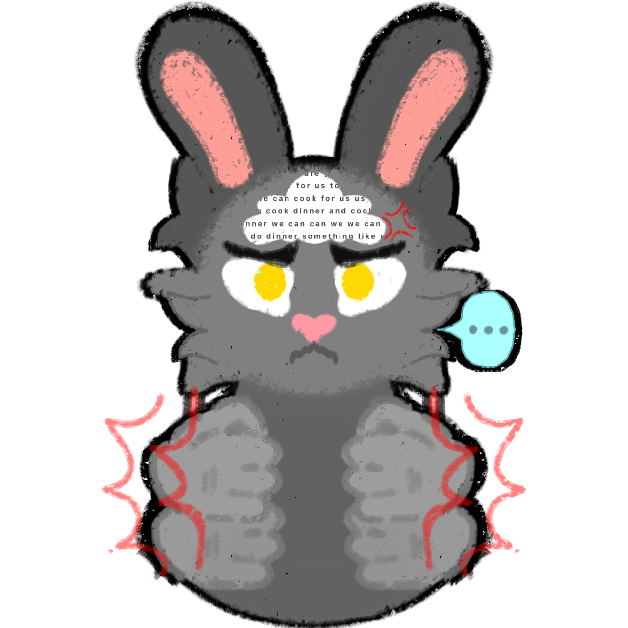 a grey bunny that looks frustrated, they are angrily flailing their fists up and down with red lines to show the motion, on their head there is a white thought bubble with assorted words in it, outside on the there is a blue speech bubble with '...'